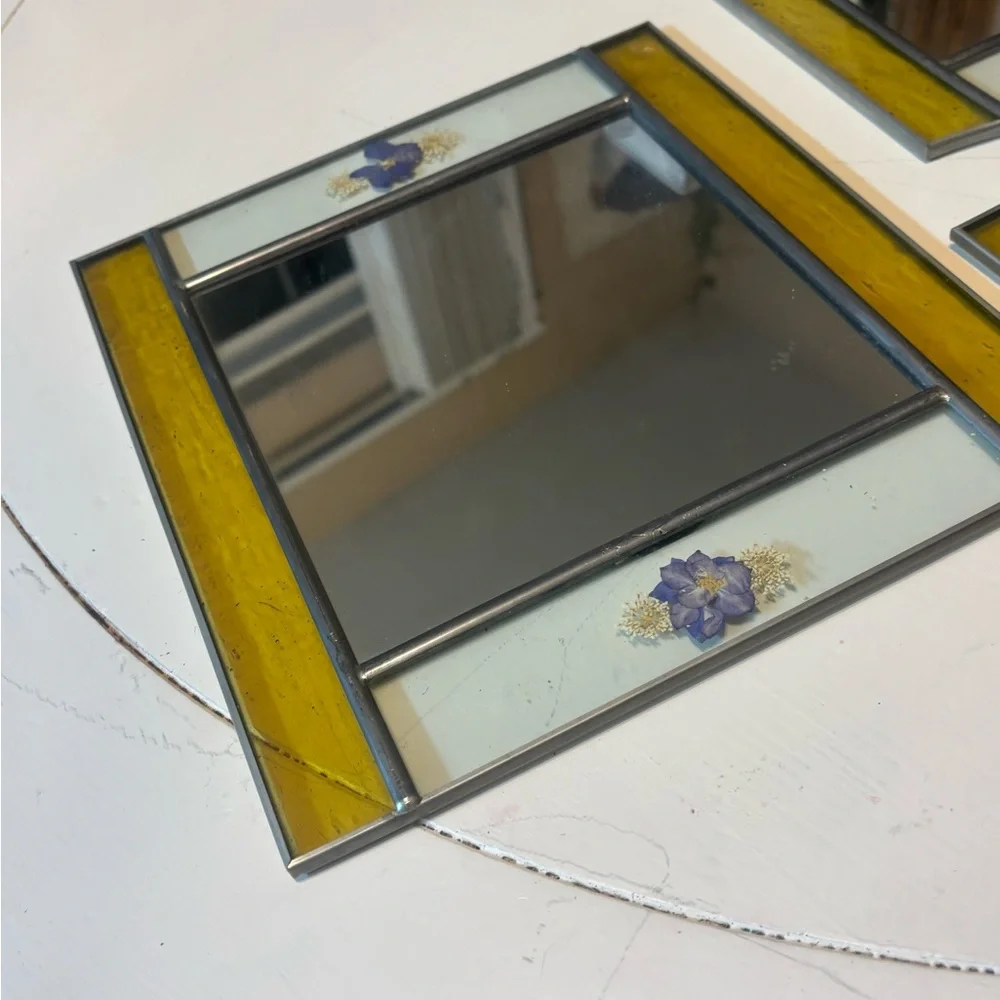 Elegant vintage Yellow and pressed flower Wall Mirror Set. Rare find!